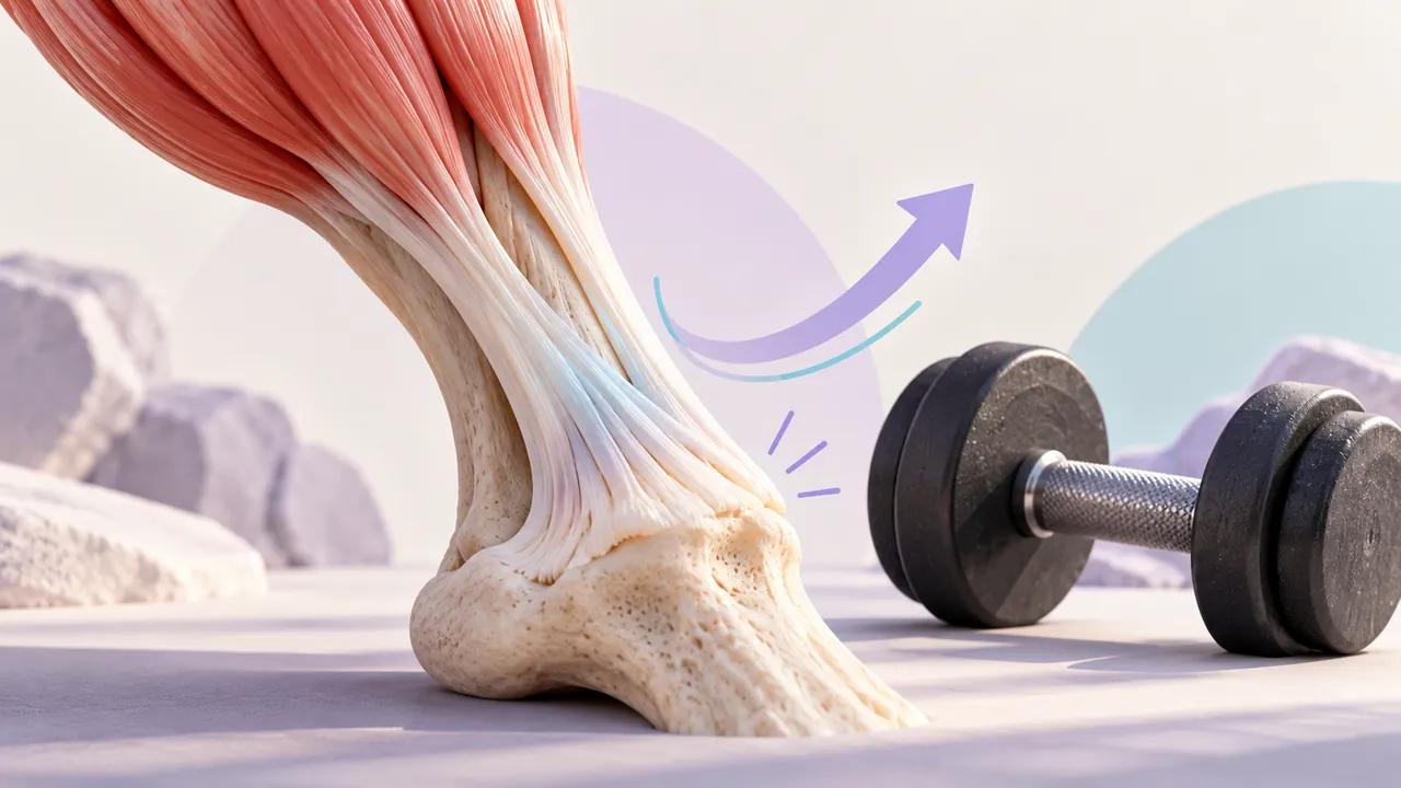Illustration pédagogique d’un tendon reliant un muscle à un os, avec une charge de renforcement.