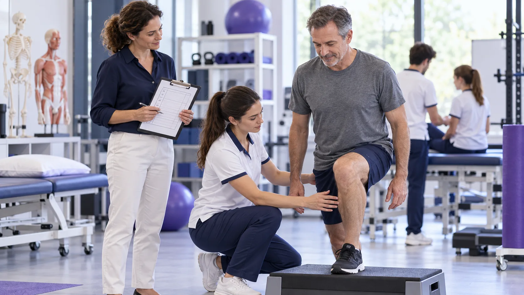 Docente de fisioterapia observando una práctica simulada de evaluación por competencias.