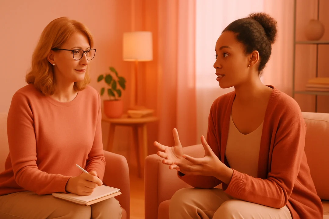 Fisioterapeuta conversando con un paciente en consulta para explicarle su plan de tratamiento