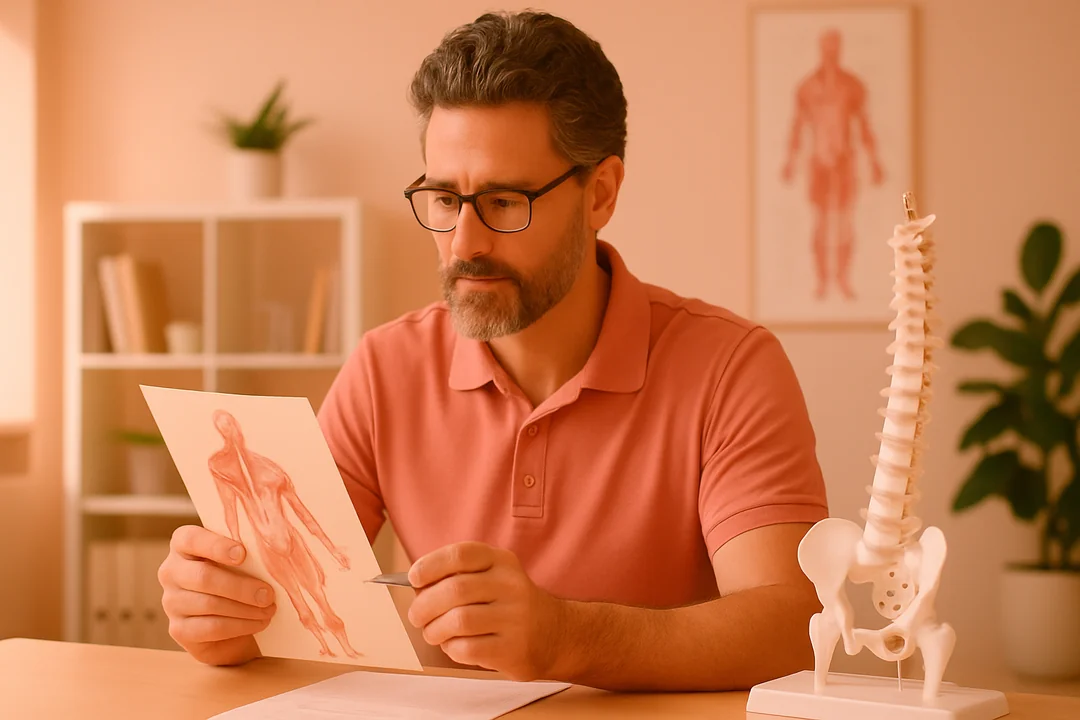 Fisioterapeuta realizando la entrevista clínica a un paciente con dolor en consulta