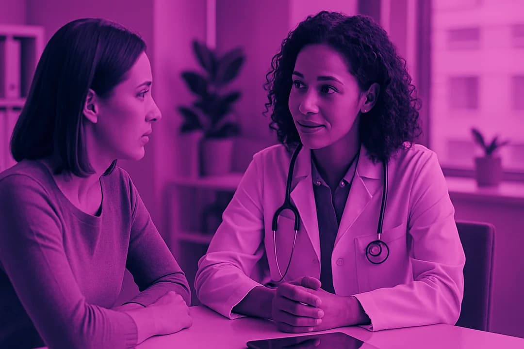 Fisioterapeuta hablando con un paciente con dolor crónico sobre su evolución en consulta