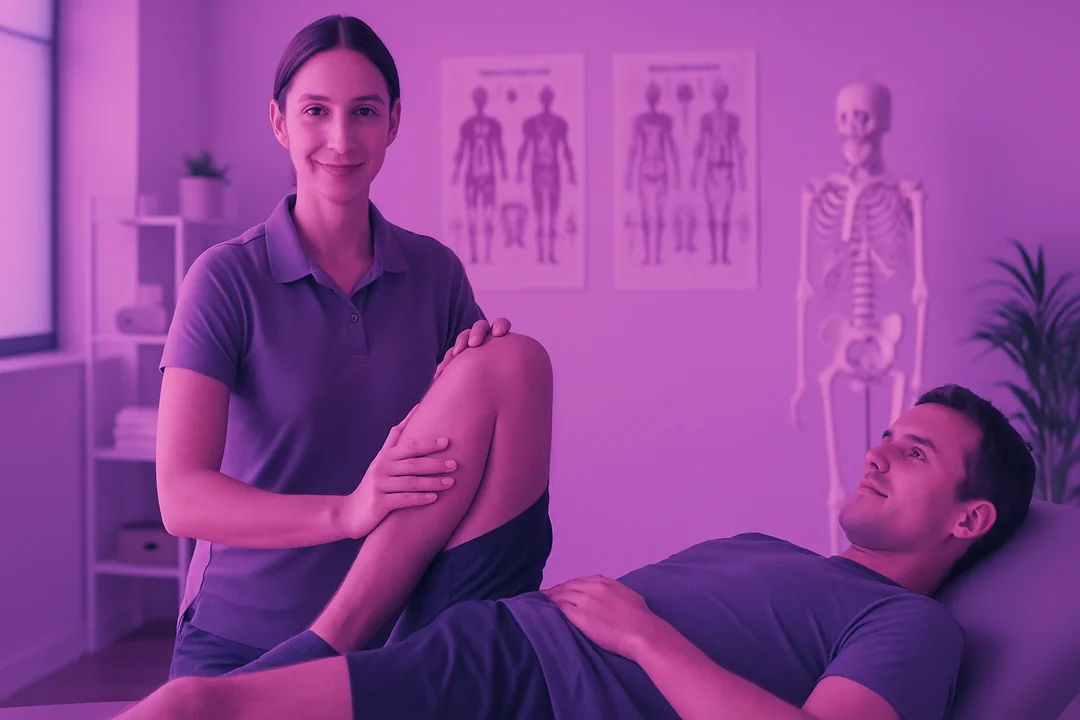 Fisioterapeuta explicando los mecanismos del dolor a un paciente con un esquema