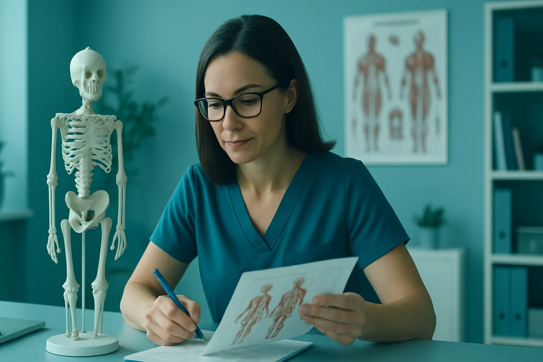 Fisioterapeuta anotando hipótesis clínicas durante la valoración de un paciente con dolor