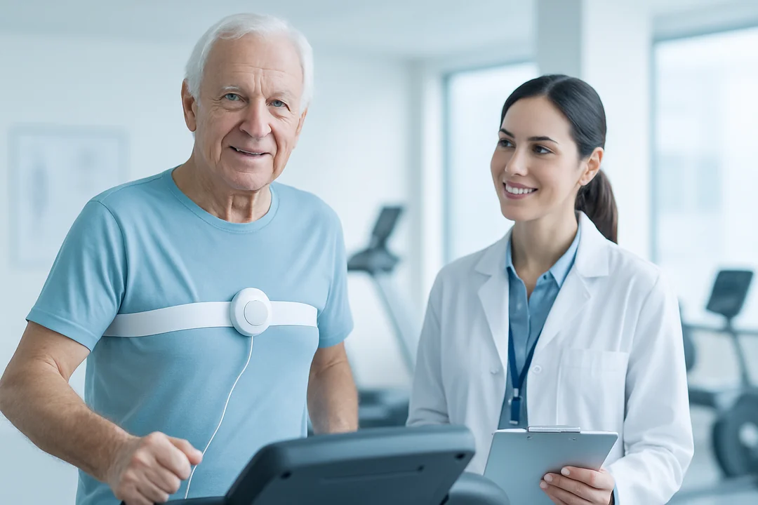 Fisioterapeuta supervisando el entrenamiento en cicloergómetro de un paciente con insuficiencia cardíaca