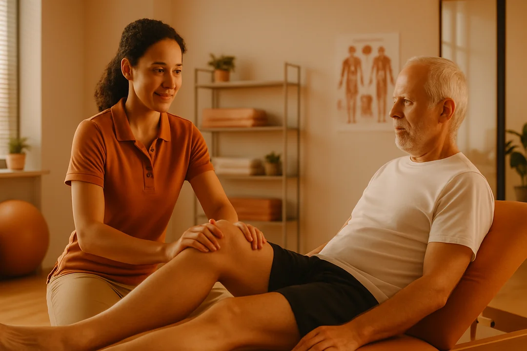 Fisioterapeuta supervisando un ejercicio de sentadilla de un paciente operado de rodilla
