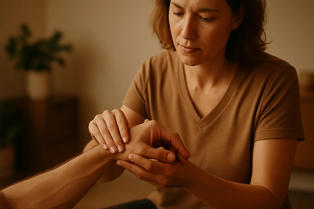 Fisioterapeuta explorando la muñeca de un paciente con hormigueo en los dedos