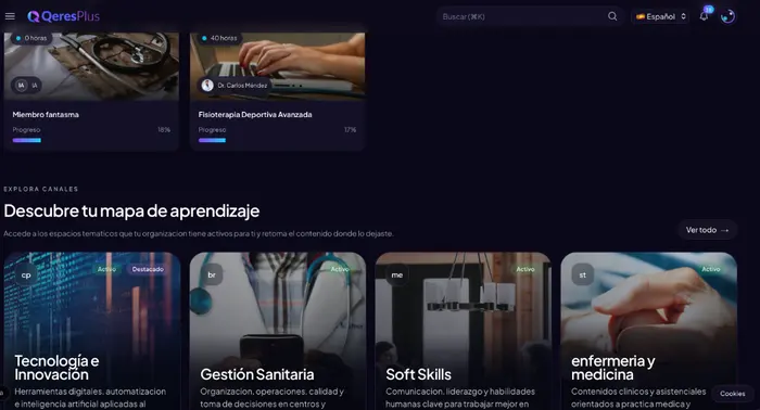 Vista del catálogo de cursos sanitarios de Qeres Plus