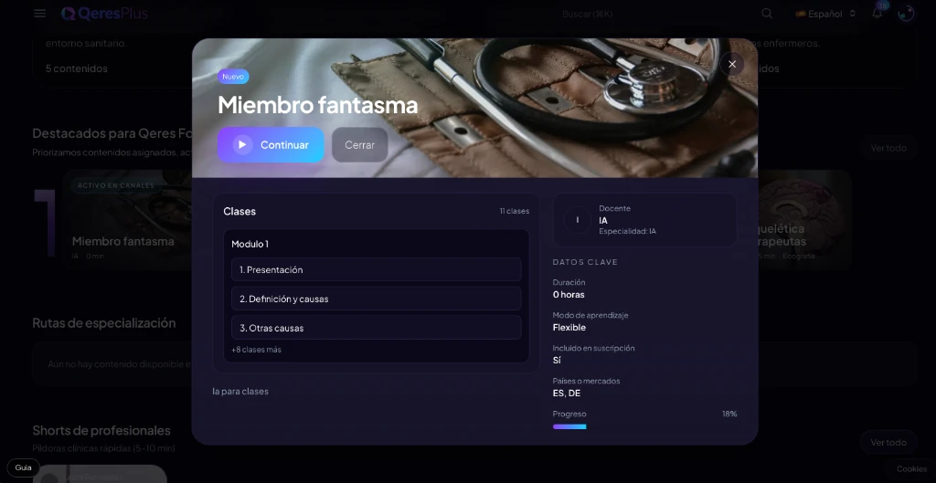 Reproductor de video del curso de fisioterapia con lecciones y notas
